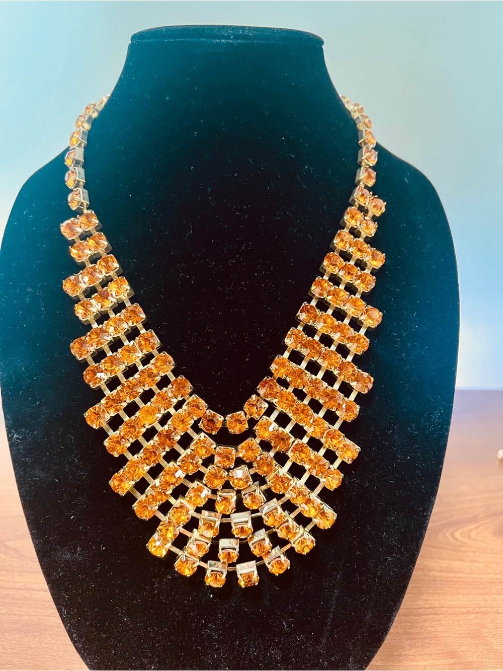 Vintage Gold-Tone Amber Crystal Bib Necklace